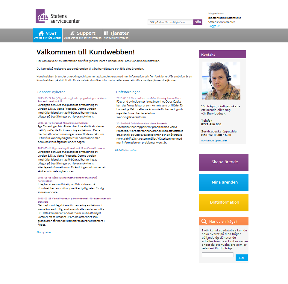 2.0 Kundwebben innehåll och funktionalitet På Kundwebben kan du: Se driftinformation från Statens servicecenter (driftstörningar och planerat underhåll) Registrera ett ärende Följa dina registrerade