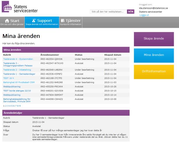 2.1 Skicka ärende till Statens servicecenter Skicka ett ärende till Statens servicecenter genom att klicka på den lila knappen Skapa ärende.