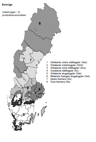 66 Statistikrapport 2015:03 Figur AA. Karta över Sveriges åtta produktionsområden Indelningen efter storleksgrupp baseras på ägarenheternas arealstorlek.