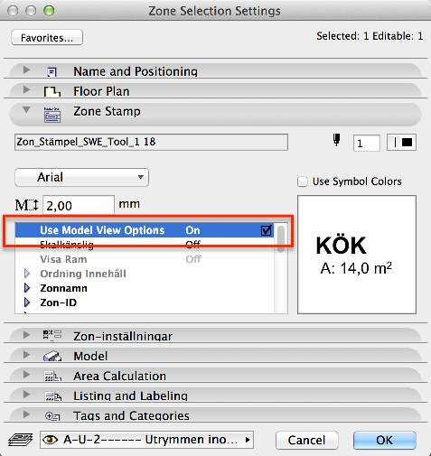 Visningskombination Kontrollera utplacerade zoner eller om de skall placeras ut, kontrollera att parametern "Use Model View Options"