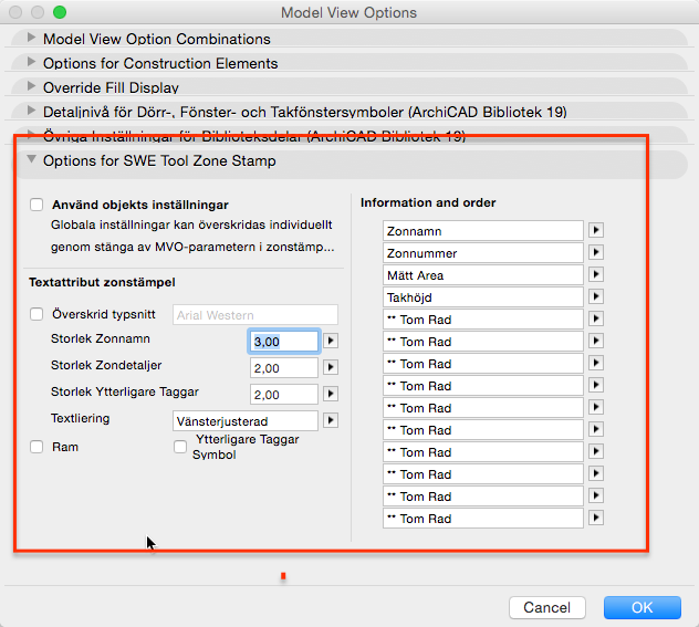 Zonstämpel I grundinstallationen av ARCHICAD finns möjligheten att styra hur och vilken information som skall presenteras i zonstämplar beroende på vilken skala som är aktiv.