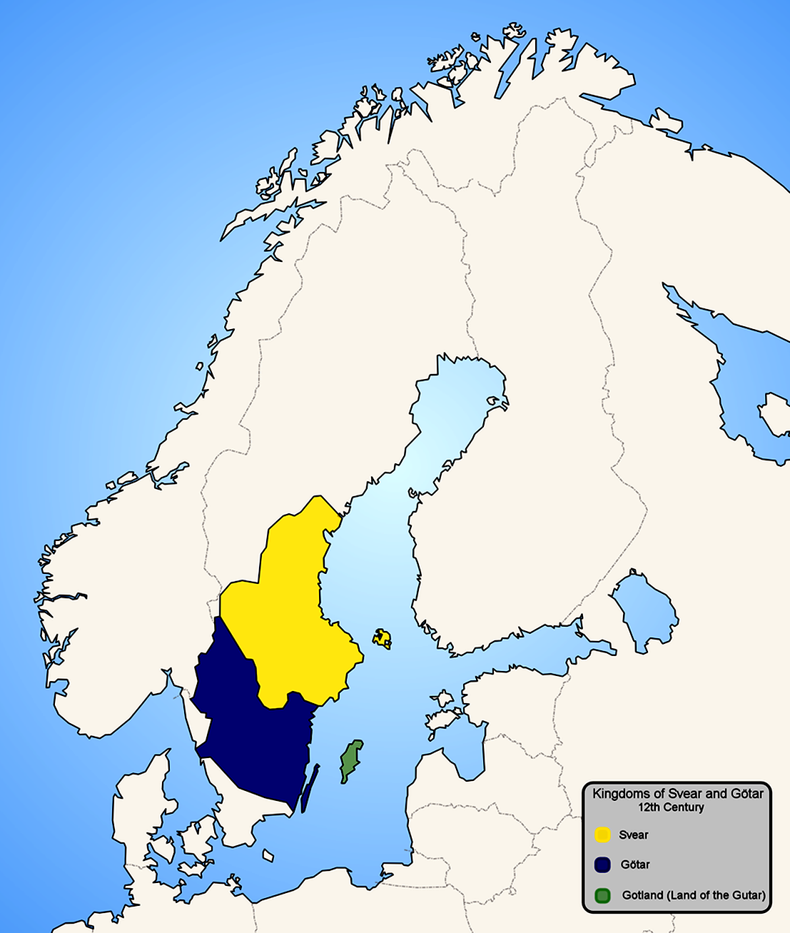 landskapets lagar. Historiker tror att Sverige fick sitt namn efter svearnas land och hette till en början Svea rige. Namnet Svea rike har sedan förändrats under lång tid till namnet Sverige.