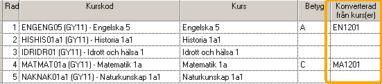 Nya kolumner Det har tillkommit tre nya kolumner under huvudflik Elev, detaljflikarna Studieplan och Betyg.