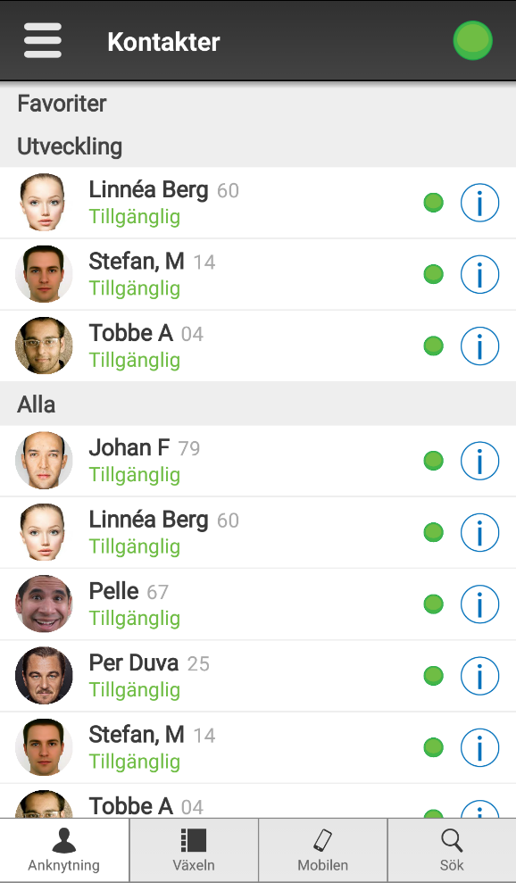 Kontakter På kontaktsidan visas de kontakter som finns registrerade i systemet. Kontaktsidan är uppbyggd av 4 flikar: Anknytningar, Växeln, Mobilen och Sök.