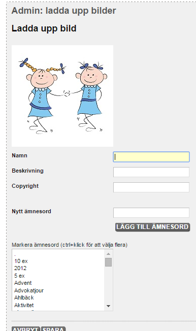 10. Ge bilden ett namn 11. Ge bilden en beskrivning (ej obligatoriskt) 12. Skriv eventuell information om copyright 13. Tilldela ämnesord till bilden (ej obligatoriskt).