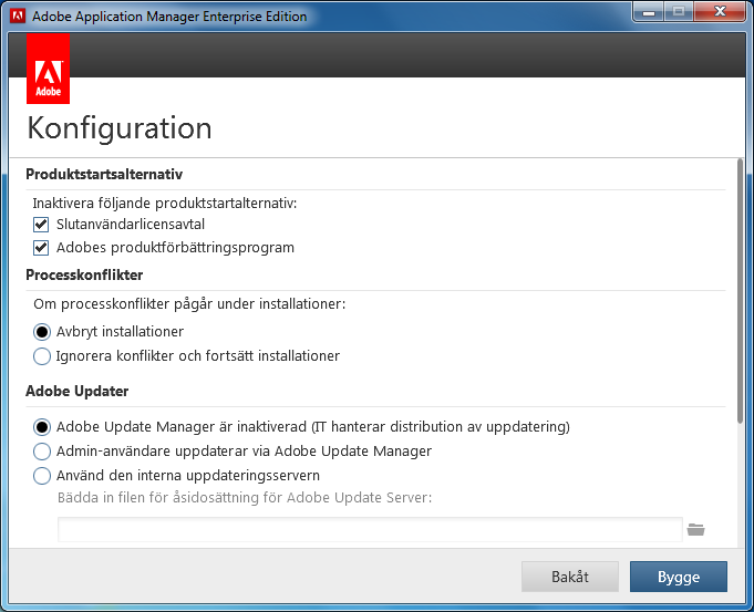 Använda Adobe Application Manager 3.0 för företagsdistribution av Creative Suite 6 Skapa ett CS6-installationspaket 18 12. Välj konfigurationsalternativ.