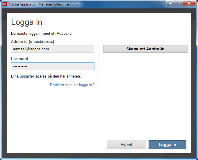 Använda Adobe Application Manager 3.0 för företagsdistribution av Creative Suite 6 Skapa en CS6-serialiseringsfil 30 6. När serienumret har validerats visas inloggningsskärmen. 7.