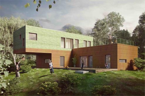 BYGGTEKNIK som möjliggör passivhus Montage av 1:a modulen, Visningshus på Värmdö, 2013 Modul i genomskärning: installationer i golv Friendly Buildings moduler tillverkas nyckelfärdiga i fabrik och