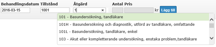 Sida 22 (37) Först anges behandlingsdatum. Detta kan väljas i en datumväljare som aktiveras när man kommer till fältet. Därefter anges tillstånd eller åtgärdskod för behandlingen.