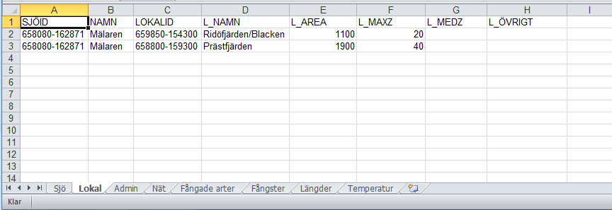 Formuläret Lokal Nedan visas ett