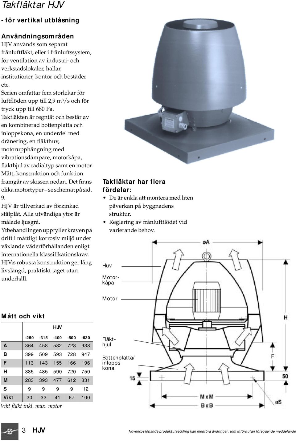 Takfläkten är regntät och består av en kombinerad bottenplatta och inloppskona, en underdel med dränering, en fläkthuv, motorupphängning med vibrationsdämpare, motorkåpa, fläkthjul av radialtyp samt