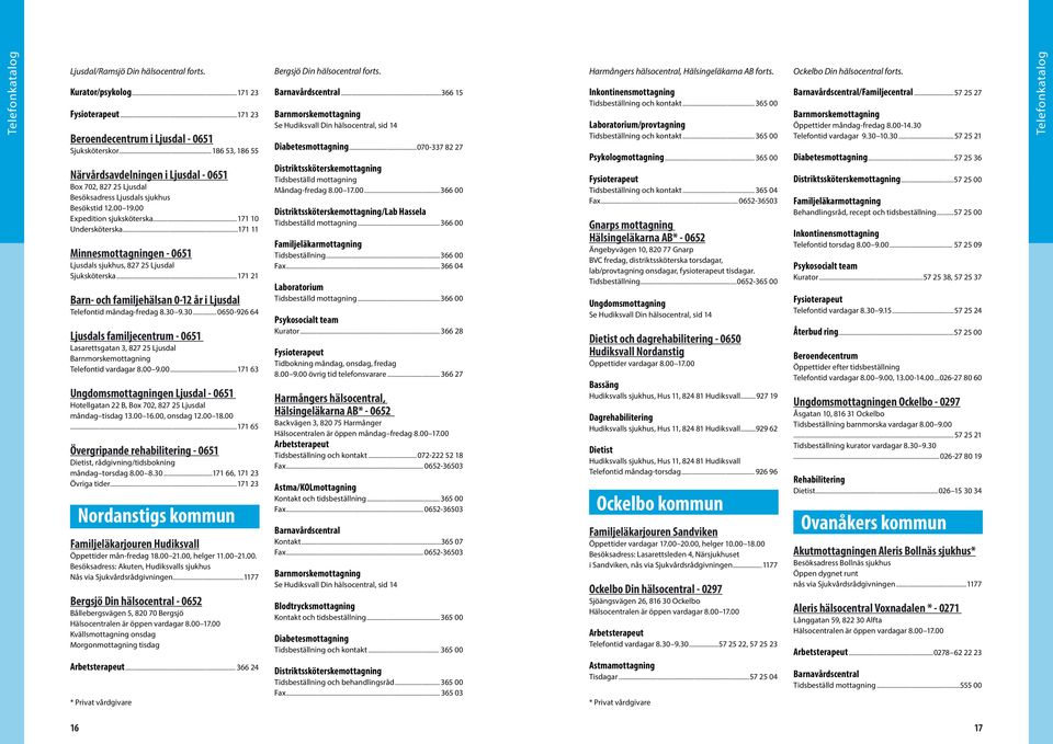 ..171 11 Minnesmottagningen - 0651 Ljusdals sjukhus, 827 25 Ljusdal Sjuksköterska...171 21 Barn- och familjehälsan 0-12 år i Ljusdal Telefontid måndag-fredag 8.30 