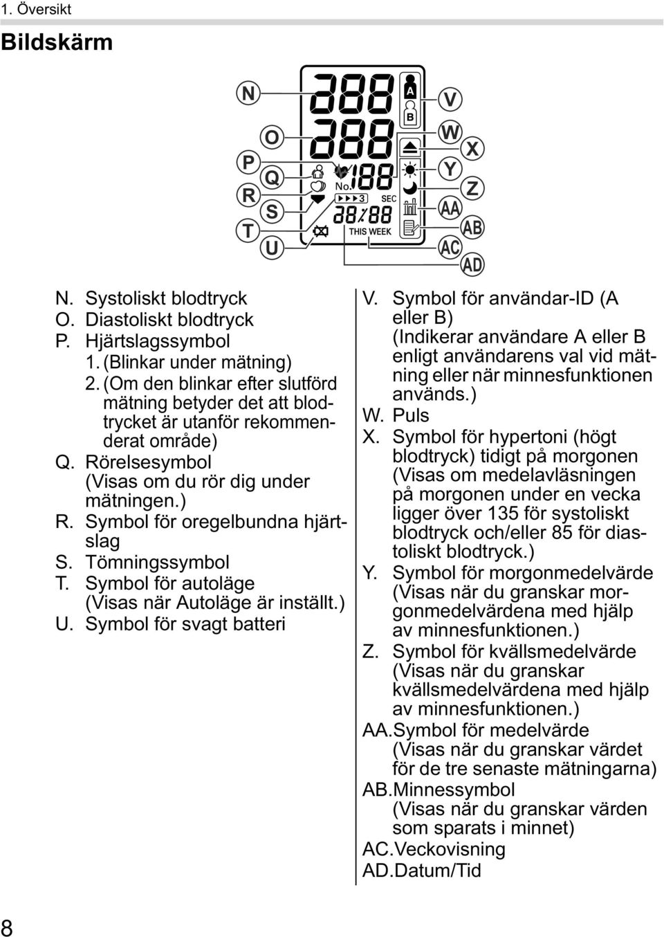 Tömningssymbol T. Symbol för autoläge (Visas när Autoläge är inställt.) U. Symbol för svagt batteri N P R T O Q S U V W X Y Z AA AB AC AD V.