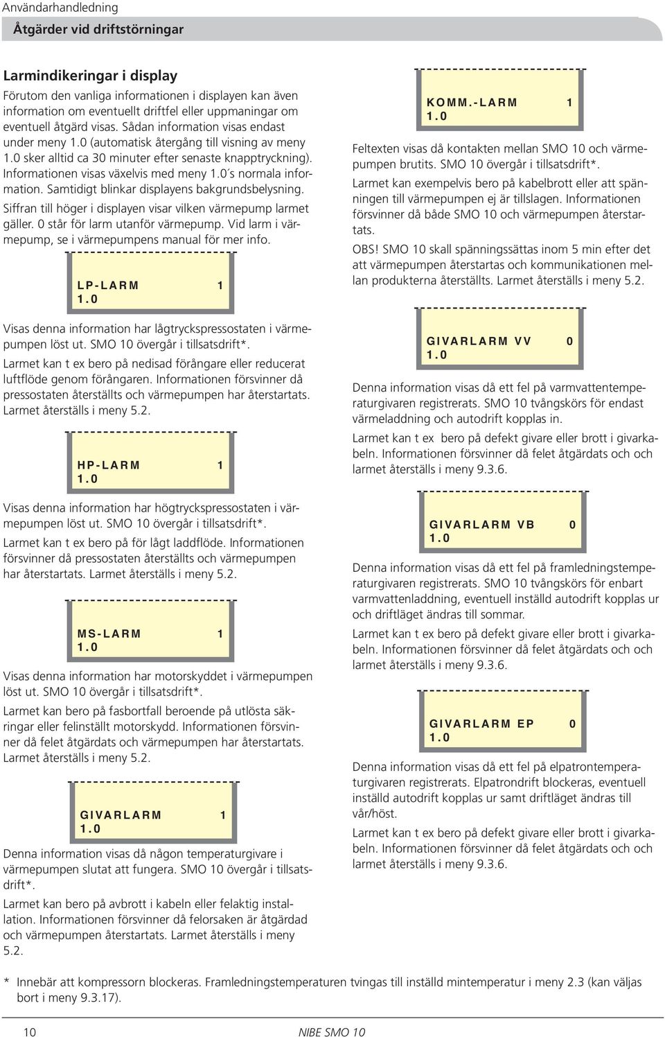 Informationen visas växelvis med meny 1.0 s normala information. Samtidigt blinkar displayens bakgrundsbelysning. Siffran till höger i displayen visar vilken värmepump larmet gäller.