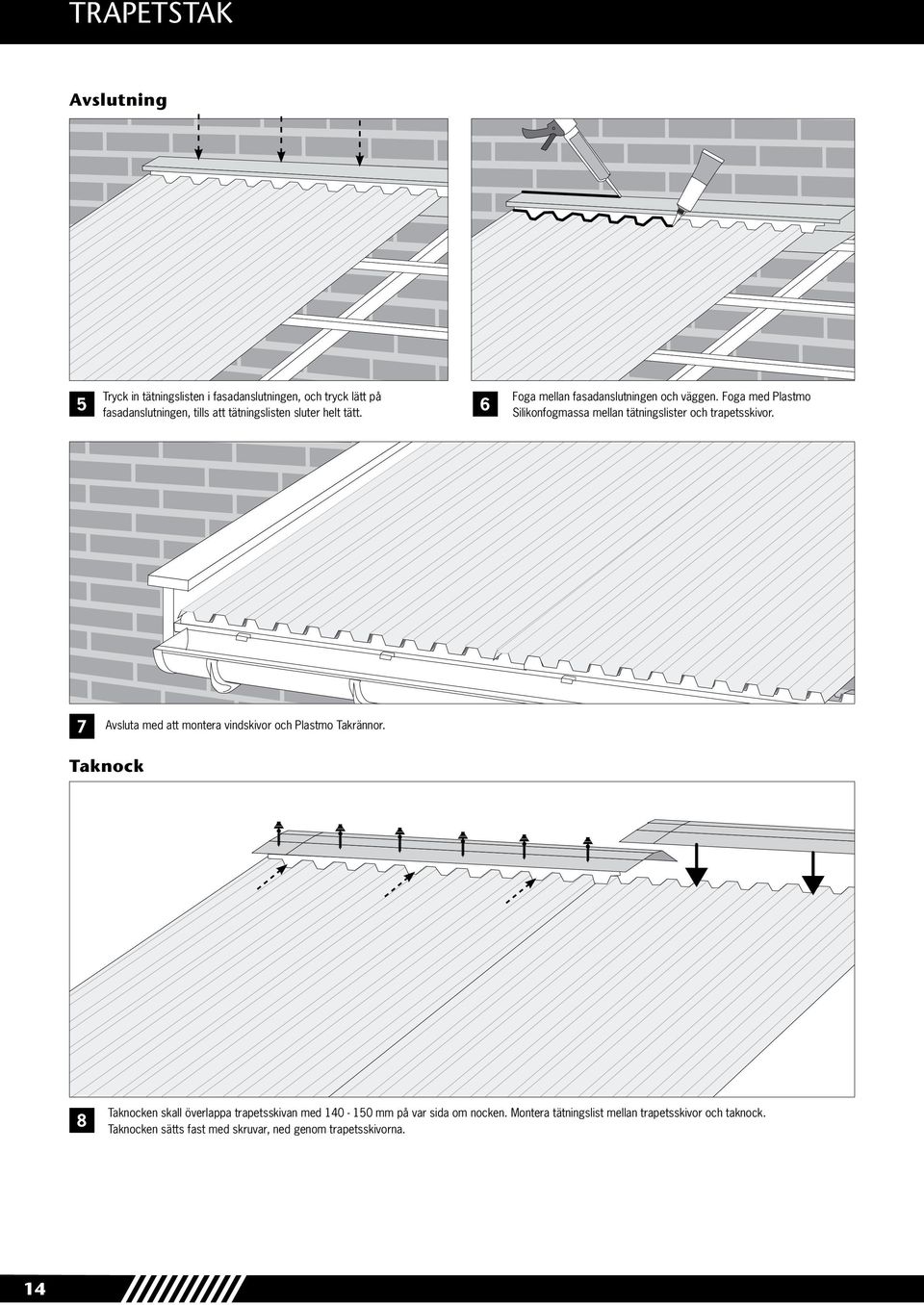 Foga med Plastmo Silikonfogmassa mellan tätningslister och trapetsskivor. 7 Avsluta med att montera vindskivor och Plastmo Takrännor.