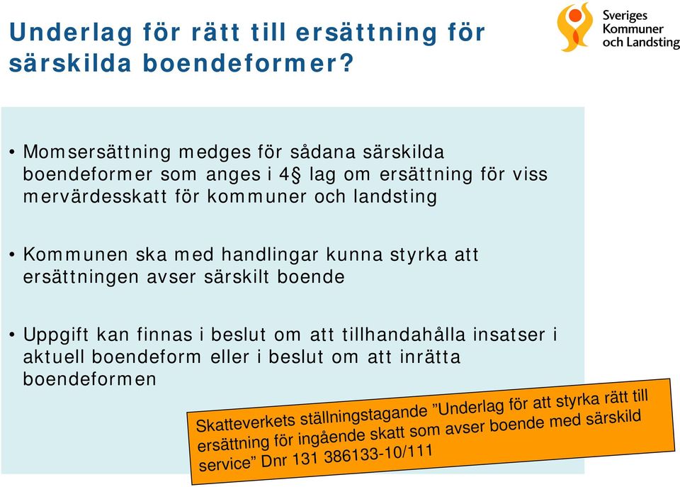 Kommunen ska med handlingar kunna styrka att ersättningen avser särskilt boende Uppgift kan finnas i beslut om att tillhandahålla insatser