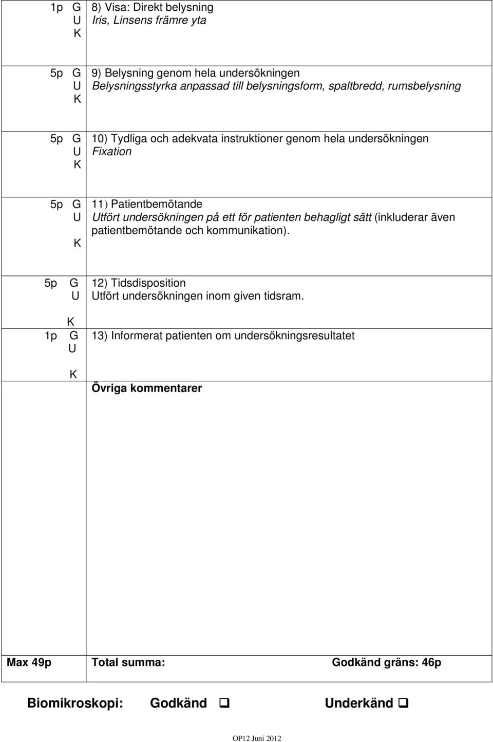 patienten behagligt sätt (inkluderar även patientbemötande och kommunikation). 5p 1p G G 12) Tidsdisposition tfört undersökningen inom given tidsram.