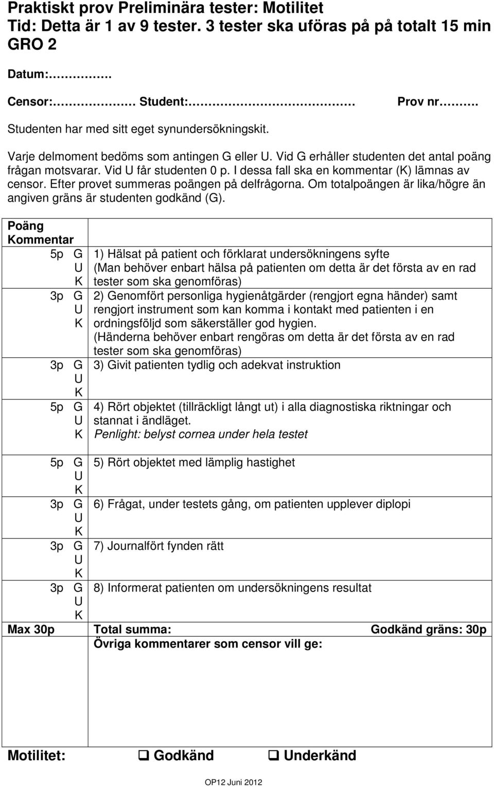 I dessa fall ska en kommentar () lämnas av censor. Efter provet summeras poängen på delfrågorna. Om totalpoängen är lika/högre än angiven gräns är studenten godkänd (G).