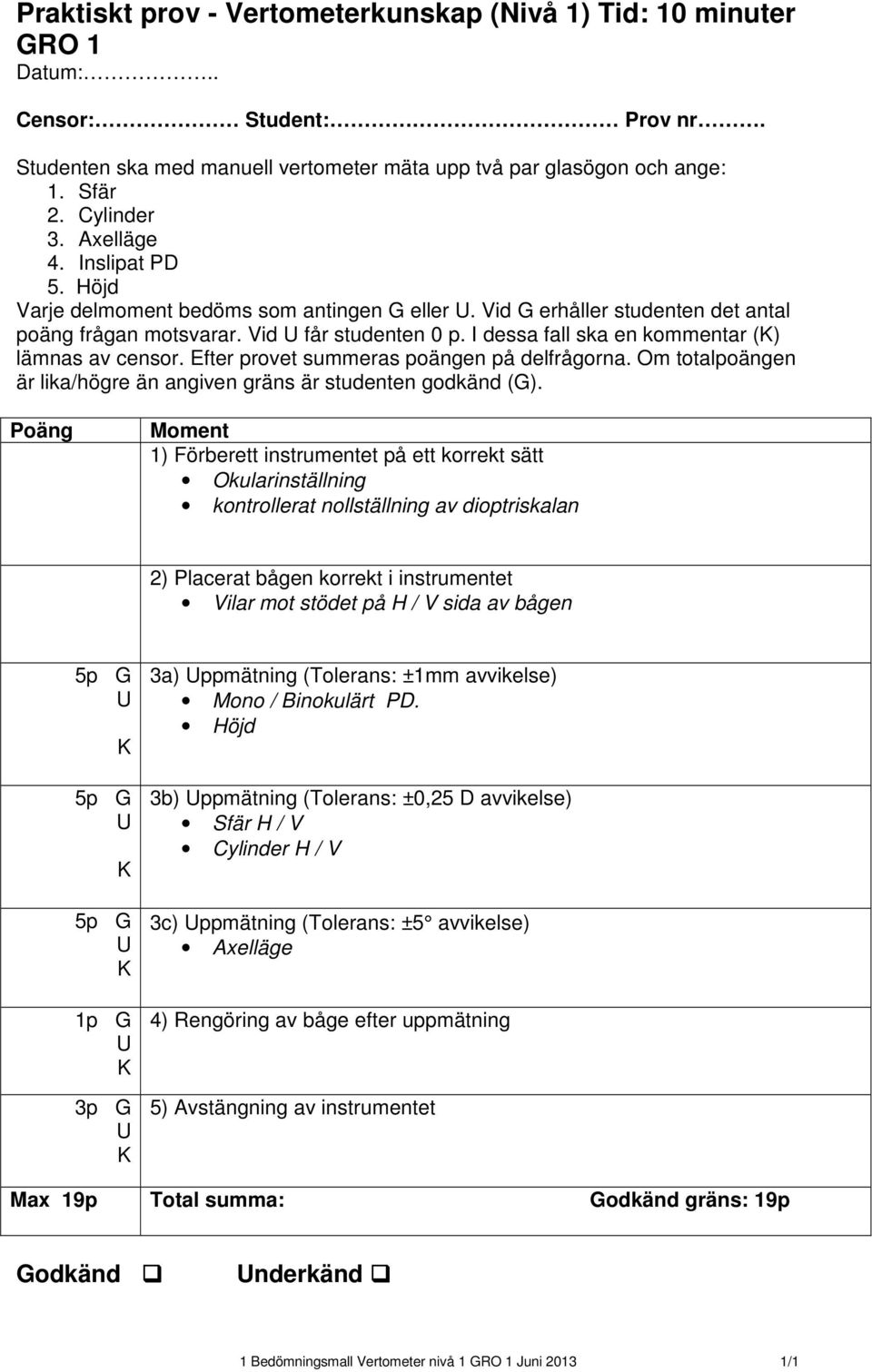 I dessa fall ska en kommentar () lämnas av censor. Efter provet summeras poängen på delfrågorna. Om totalpoängen är lika/högre än angiven gräns är studenten godkänd (G).