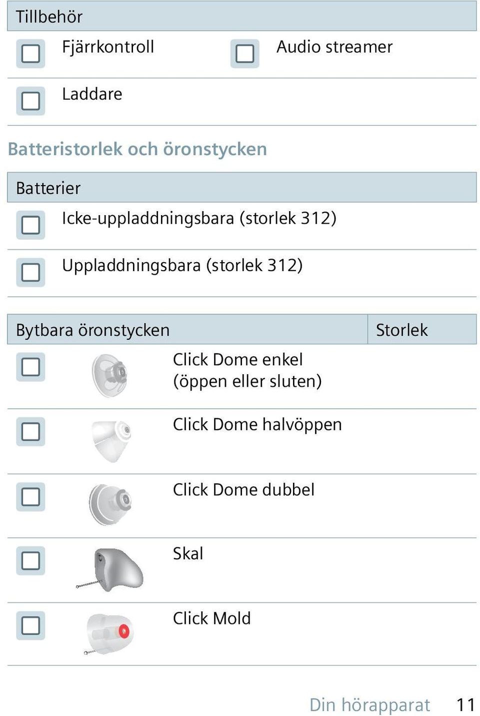 Uppladdningsbara (storlek 312) Bytbara öronstycken Storlek Click Dome