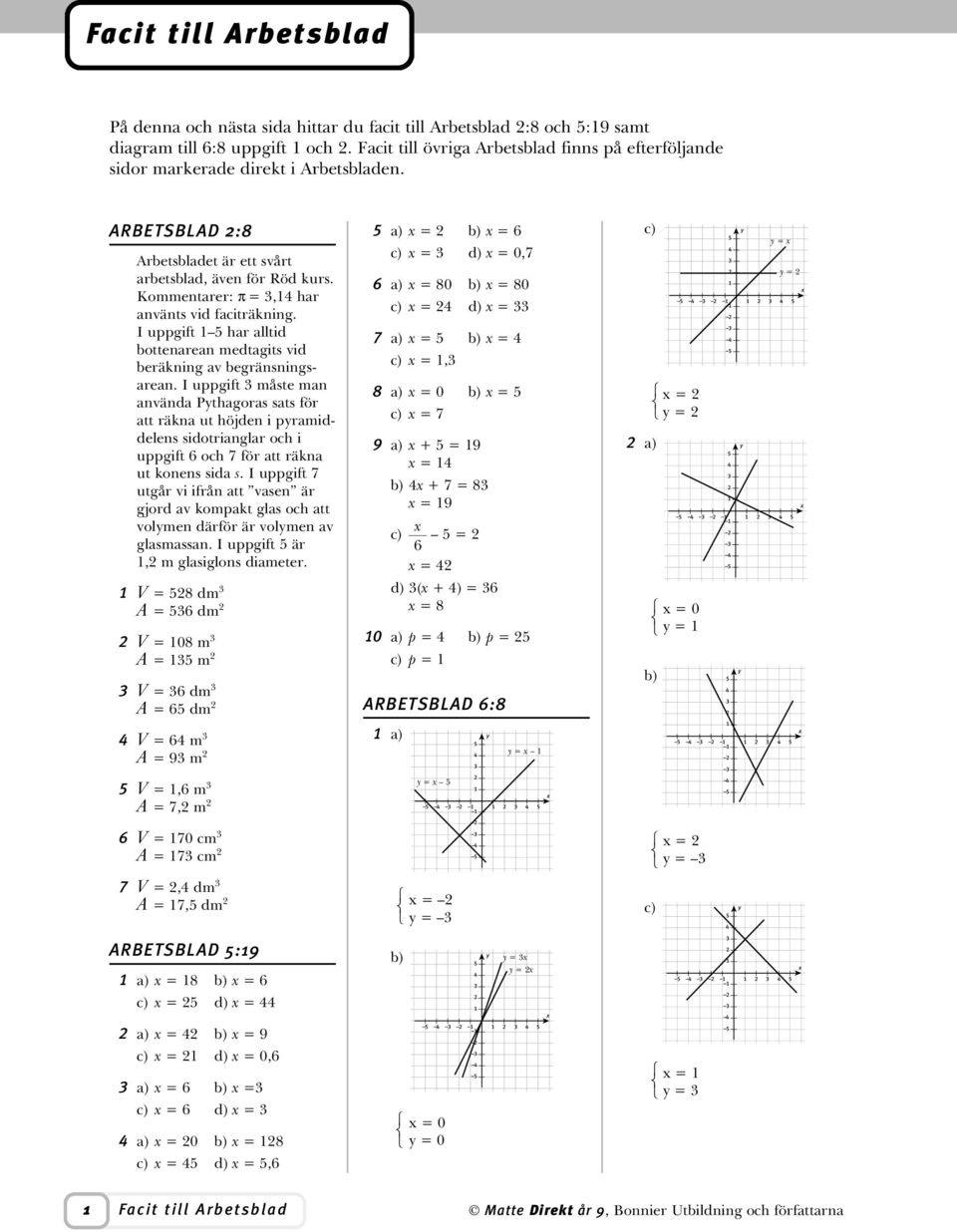 Matte Direkt år 9 Arbetsblad Facit