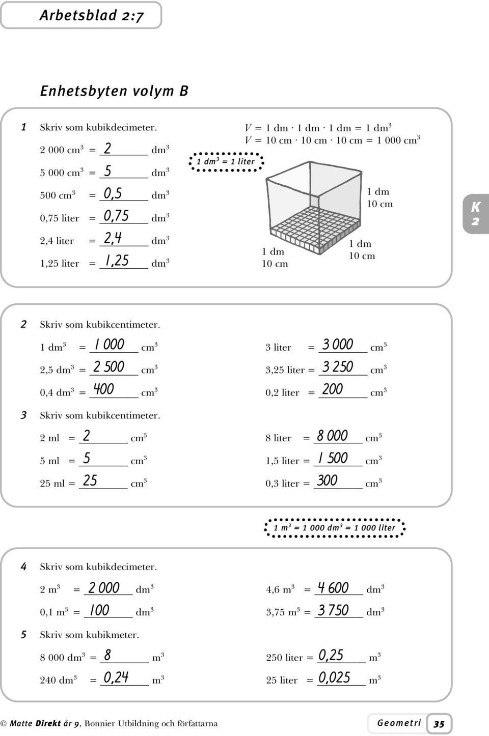 cm dm 0 cm Skriv som kubikcentimeter. dm = cm liter = cm, dm = cm, liter = cm 0, dm = cm 0, liter = cm Skriv som kubikcentimeter.