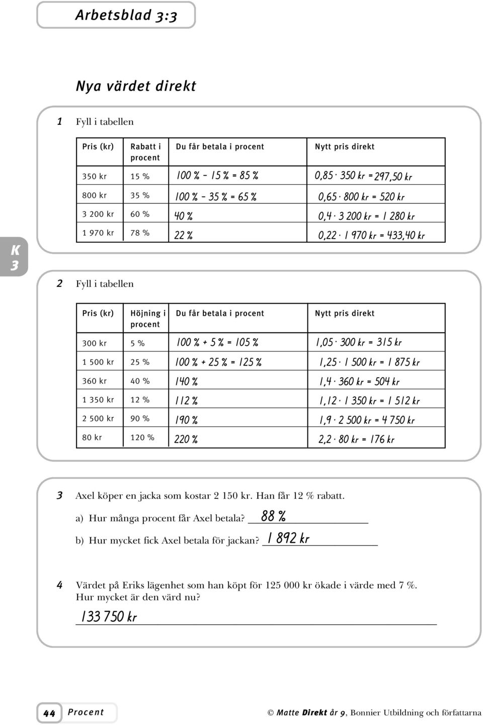 970 kr =,0 kr Fll i tabellen Pris (kr) Höjning i Du får betala i procent Ntt pris direkt procent 00 kr % 00 % + % = 0 %,0. 00 kr = kr 00 kr % 0 kr 0 % 0 kr % 00 kr 90 % 80 kr 0 % 00 % + % = %,.