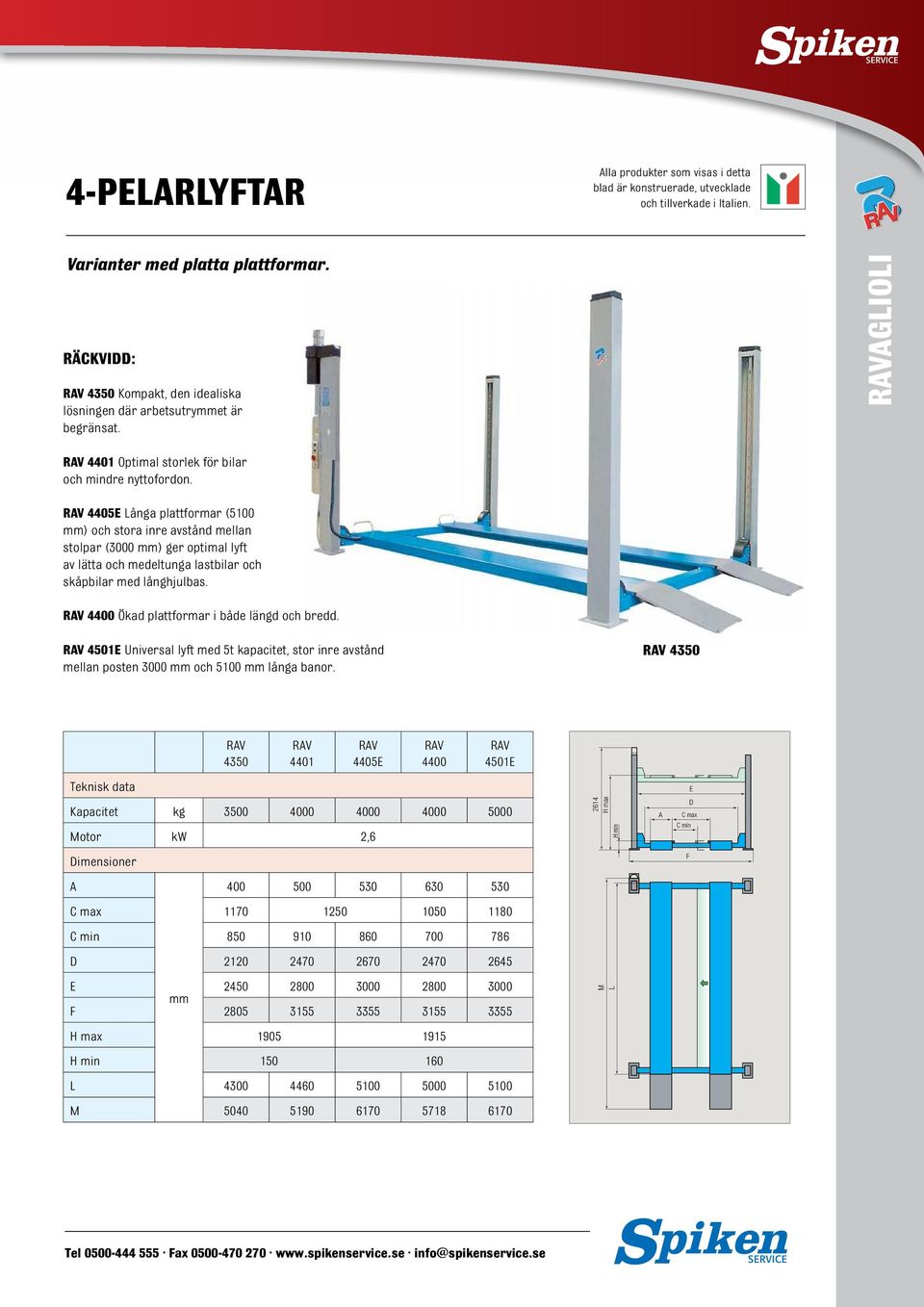 4400 Ökad plattformar i både längd och bredd. 4501E Universal lyft med 5t kapacitet, stor inre avstånd mellan posten 3000 mm och 5100 mm långa banor.