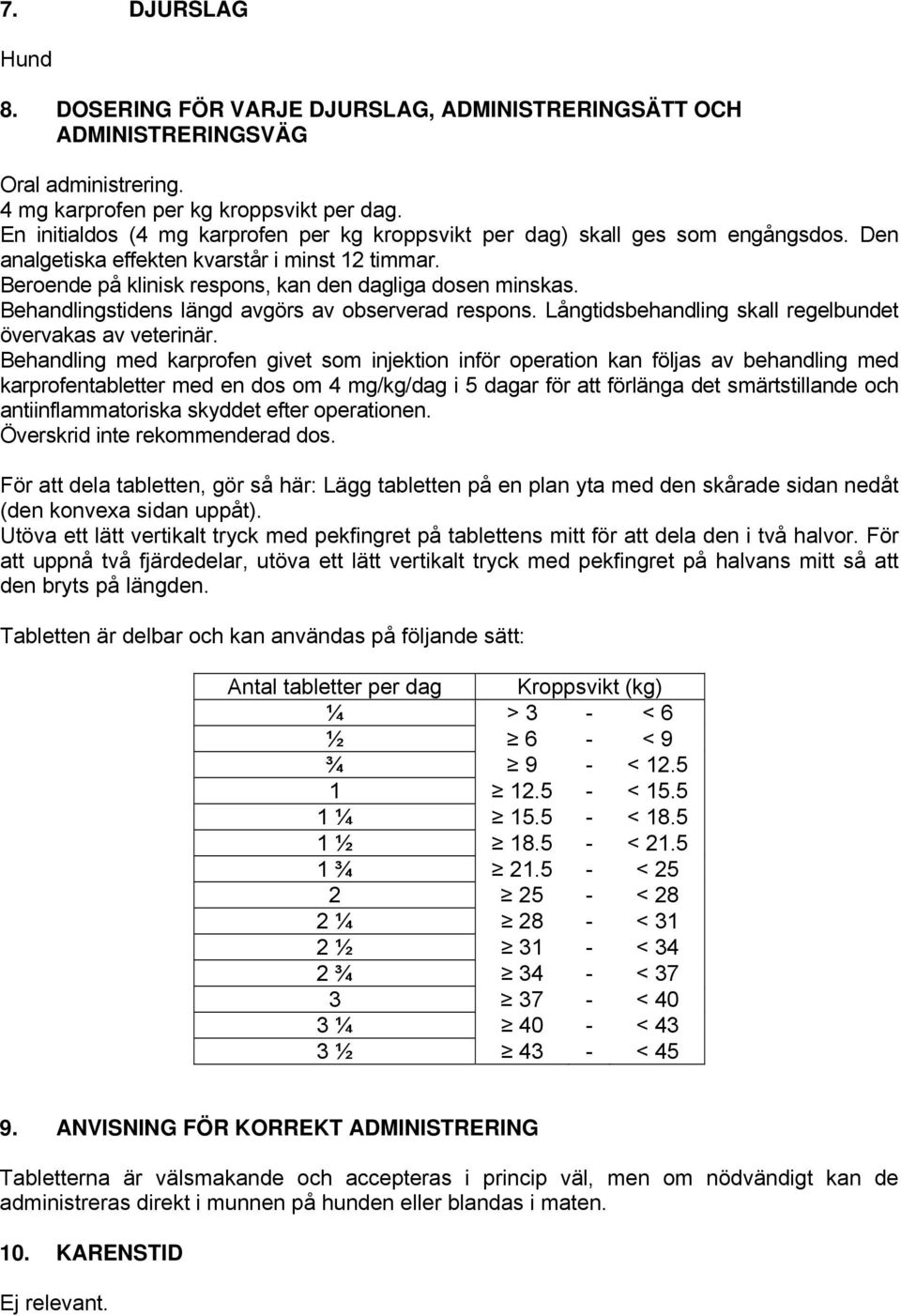 Behandlingstidens längd avgörs av observerad respons. Långtidsbehandling skall regelbundet övervakas av veterinär.