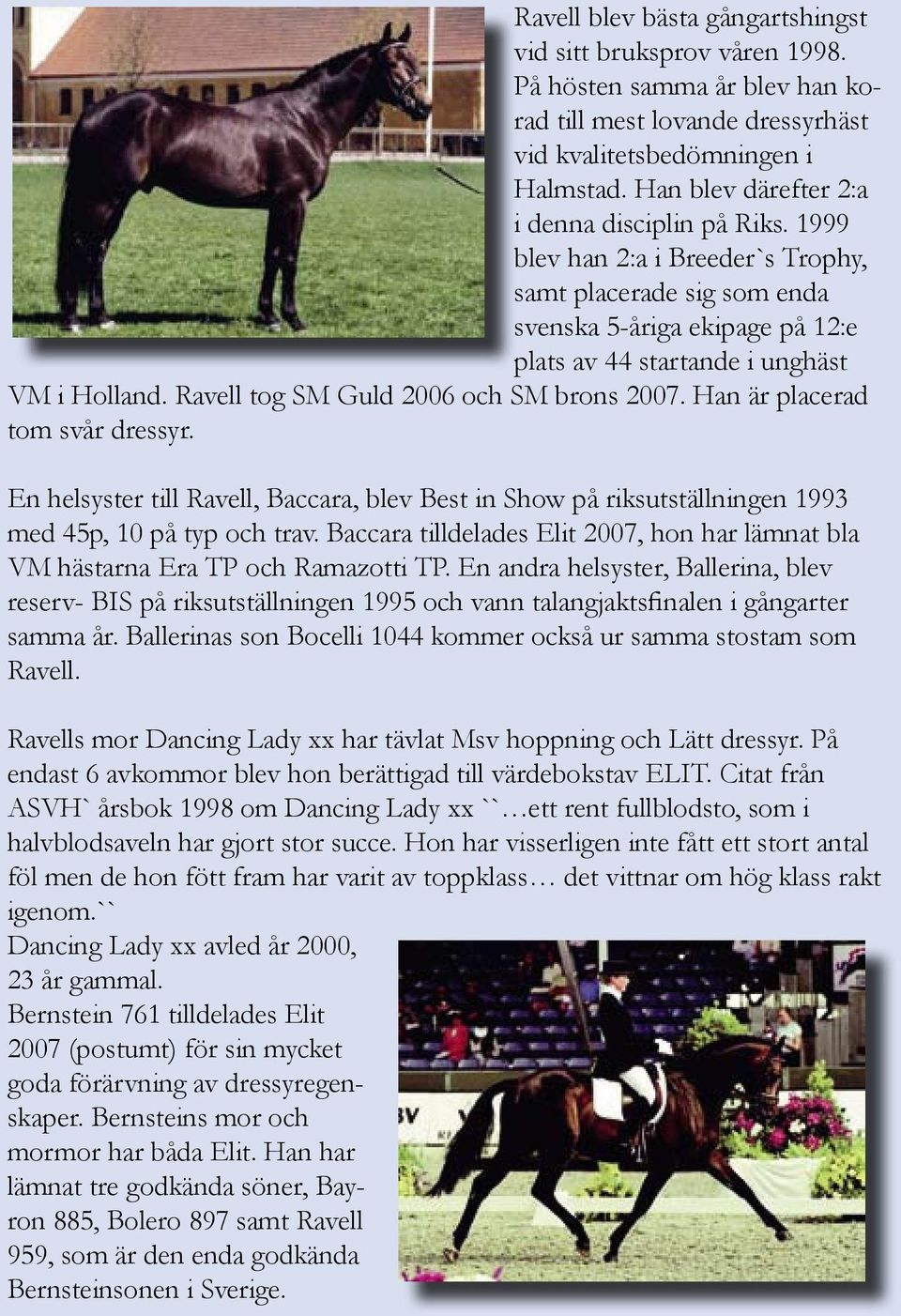 Ravell tog SM Guld 2006 och SM brons 2007. Han är placerad tom svår dressyr. En helsyster till Ravell, Baccara, blev Best in Show på riksutställningen 1993 med 45p, 10 på typ och trav.