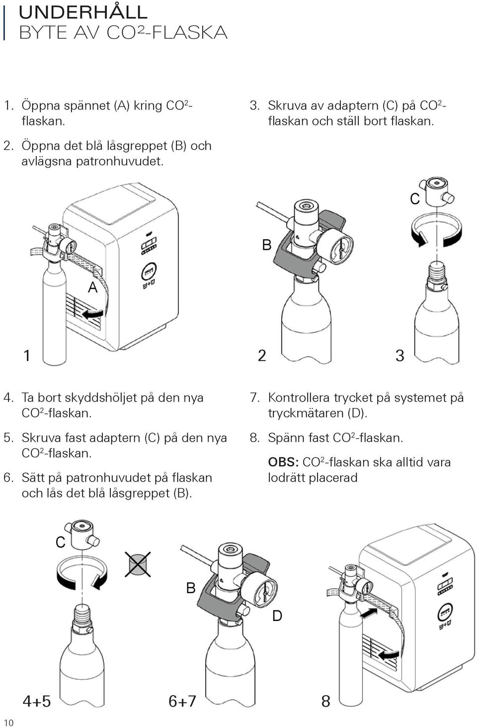 Skruva av adaptern (C) på CO 2 - flaskan E IN och ställ bort flaskan. C F B E2 FB E 6 F 2 3 C G J C 2G 3 OUT H B 8 C B. B B 2 IN 7.