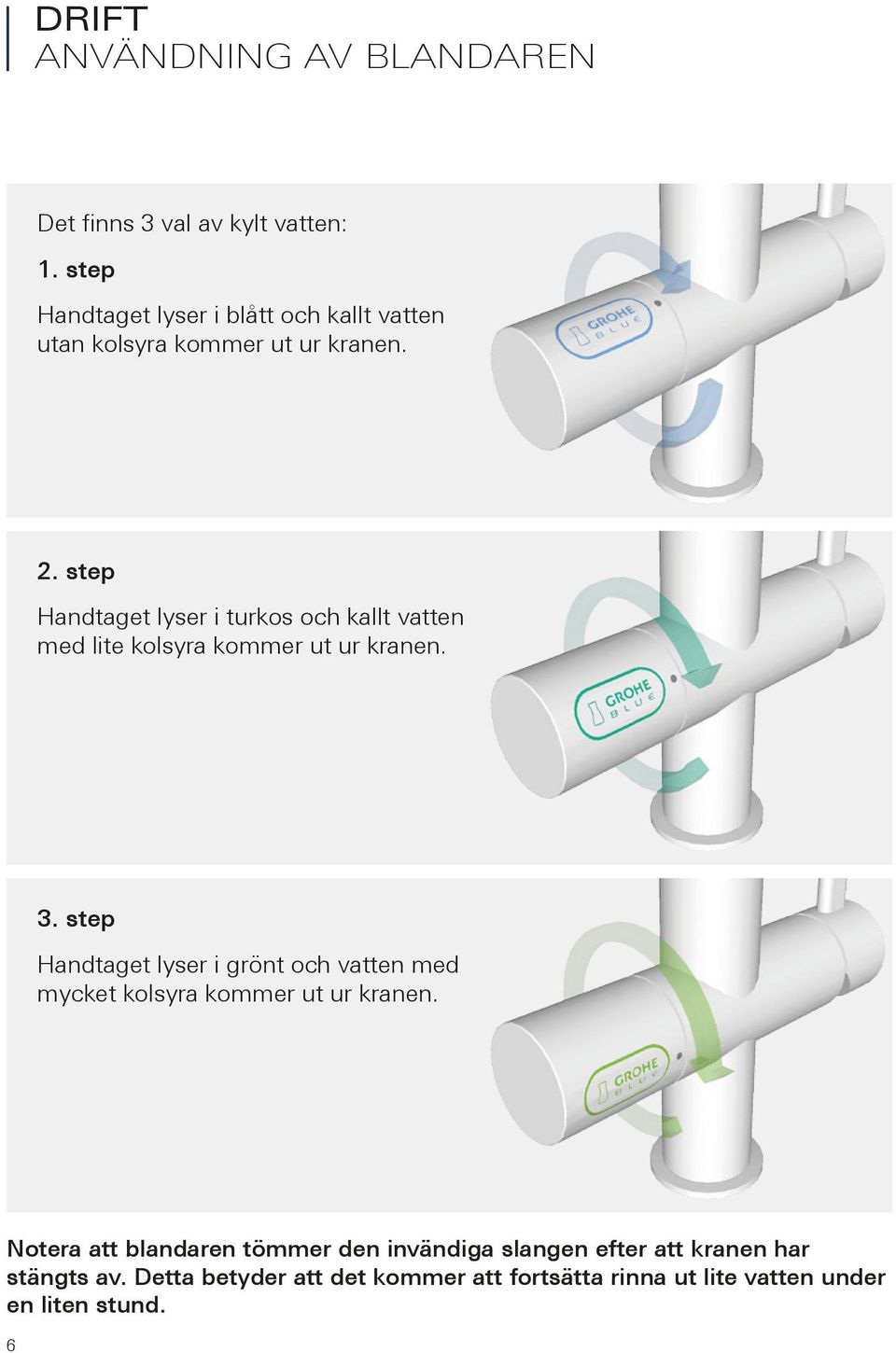 step Handtaget lyser i turkos och kallt vatten med lite kolsyra kommer ut ur kranen. 3.