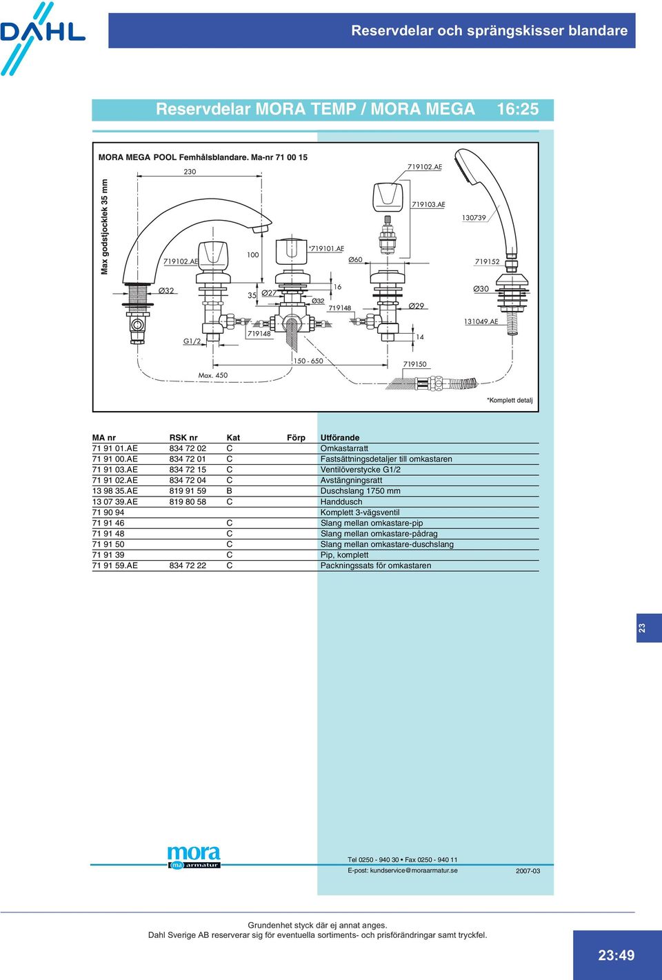 AE 834 72 04 C Avstängningsratt 13 98 35.AE 819 91 59 B Duschslang 1750 mm 13 07 39.