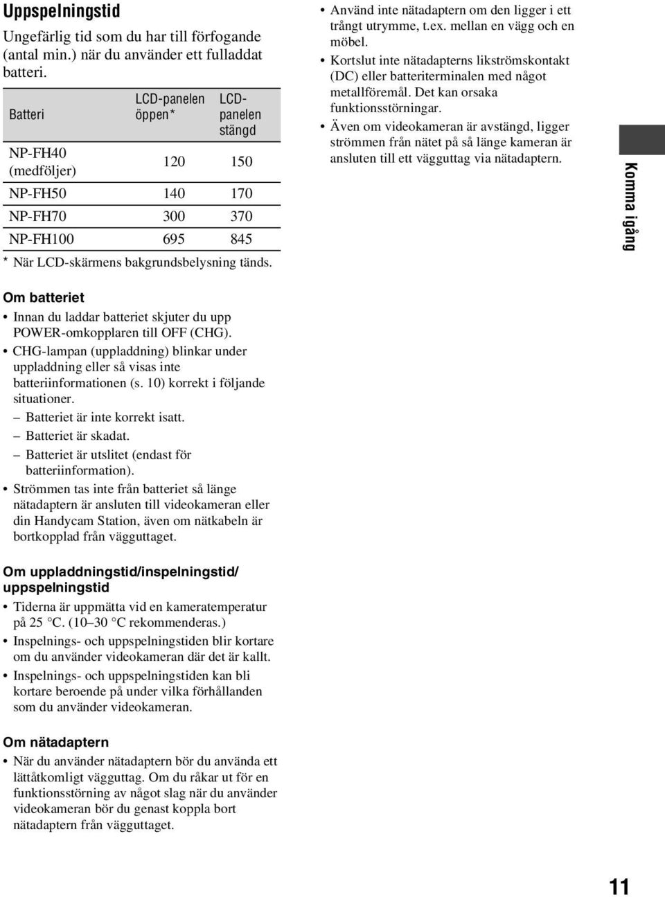 Använd inte nätadaptern om den ligger i ett trångt utrymme, t.ex. mellan en vägg och en möbel. Kortslut inte nätadapterns likströmskontakt (DC) eller batteriterminalen med något metallföremål.