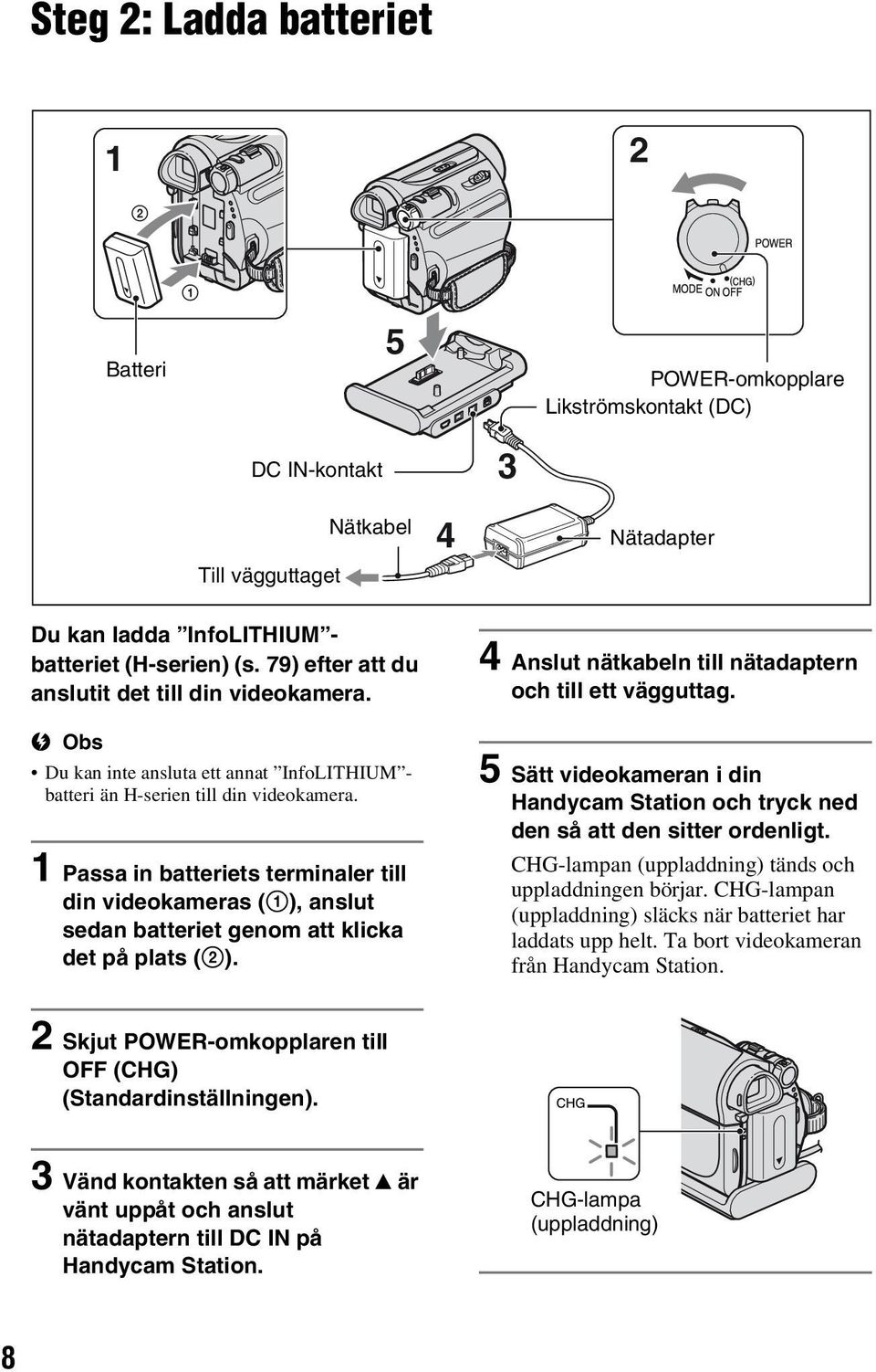 1 Passa in batteriets terminaler till din videokameras (1), anslut sedan batteriet genom att klicka det på plats (2). 4 Anslut nätkabeln till nätadaptern och till ett vägguttag.