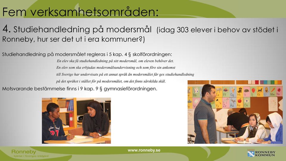 4 skolförordningen: En elev ska få studiehandledning på sitt modersmål, om eleven behöver det.