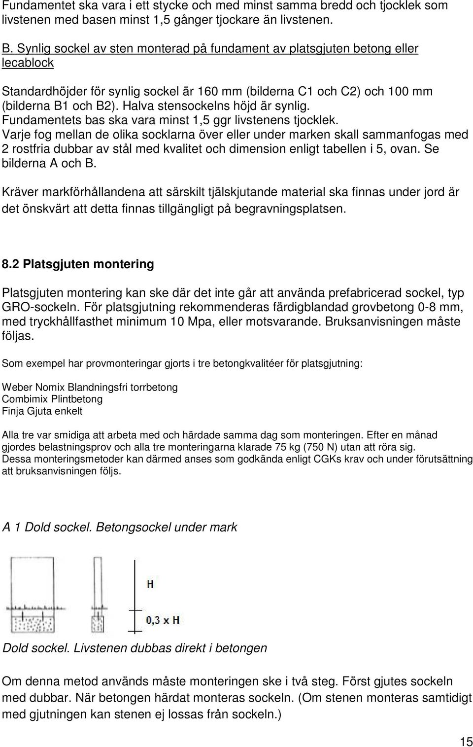 Halva stensockelns höjd är synlig. Fundamentets bas ska vara minst 1,5 ggr livstenens tjocklek.