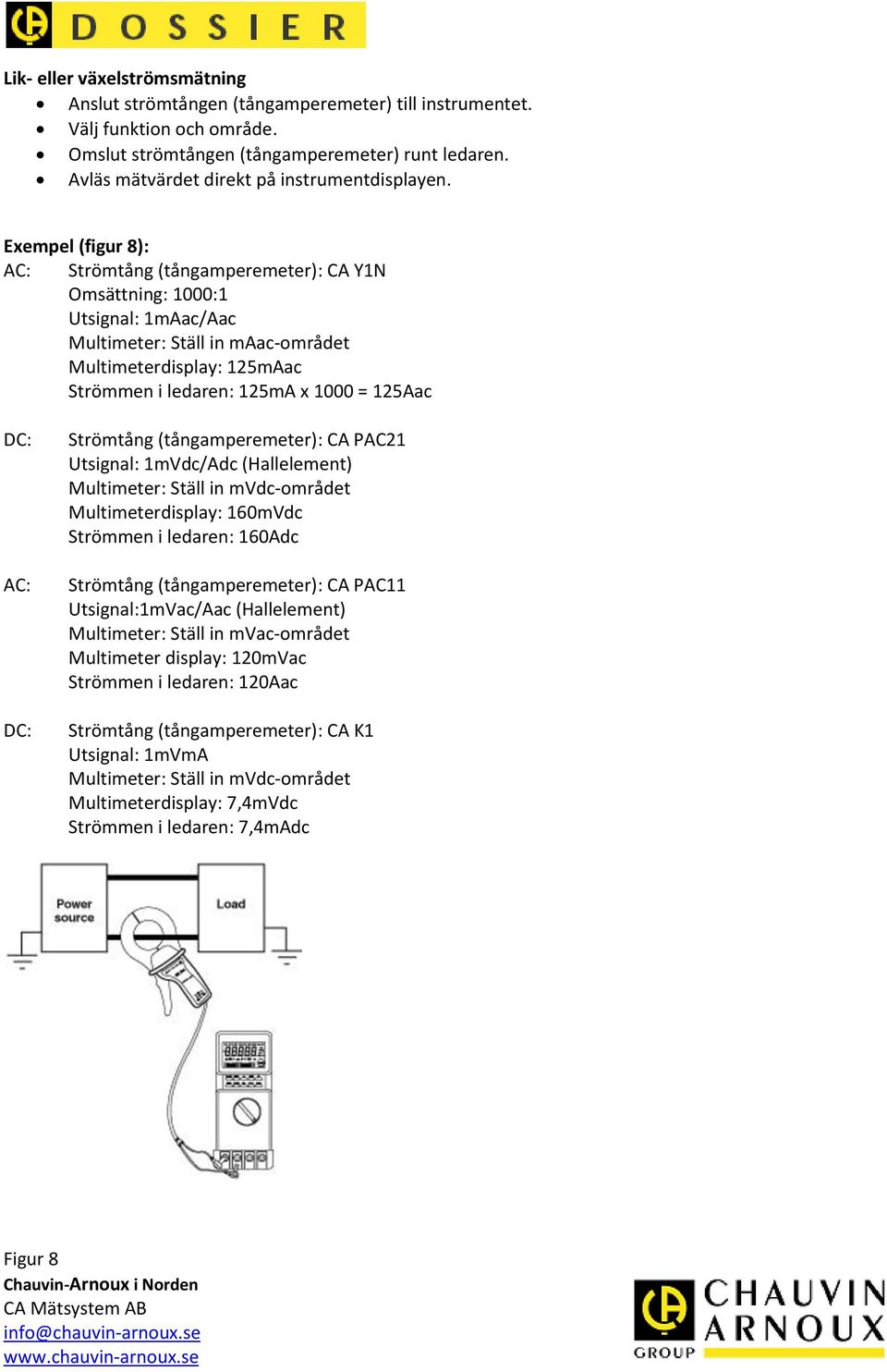 Exempel (figur 8): AC: Strömtång (tångamperemeter): CA Y1N Omsättning: 1000:1 Utsignal: 1mAac/Aac Multimeter: Ställ in maac-området Multimeterdisplay: 125mAac Strömmen i ledaren: 125mA x 1000 =