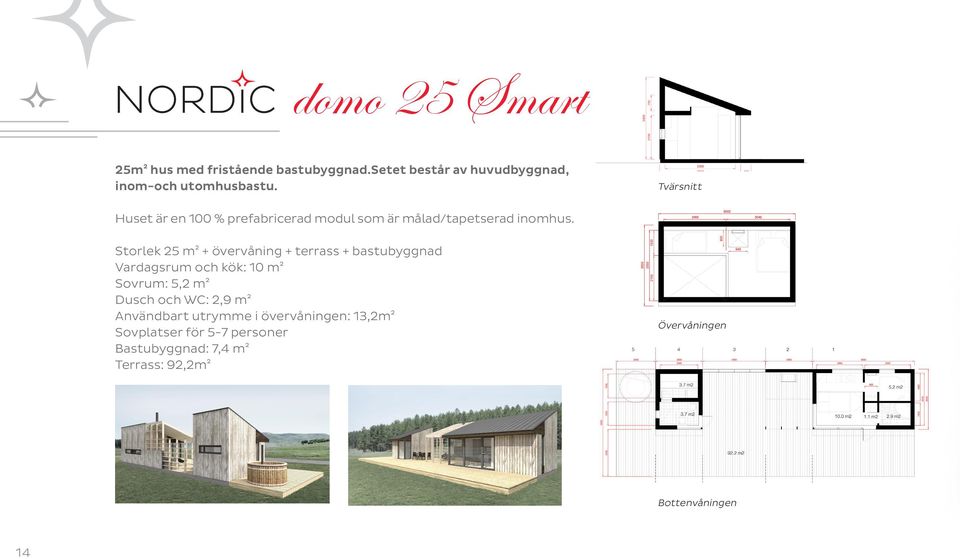Storlek 25 m² + övervåning + terrass + bastubyggnad Vardagsrum och kök: 10 m² Sovrum: 5,2 m² Dusch och WC: