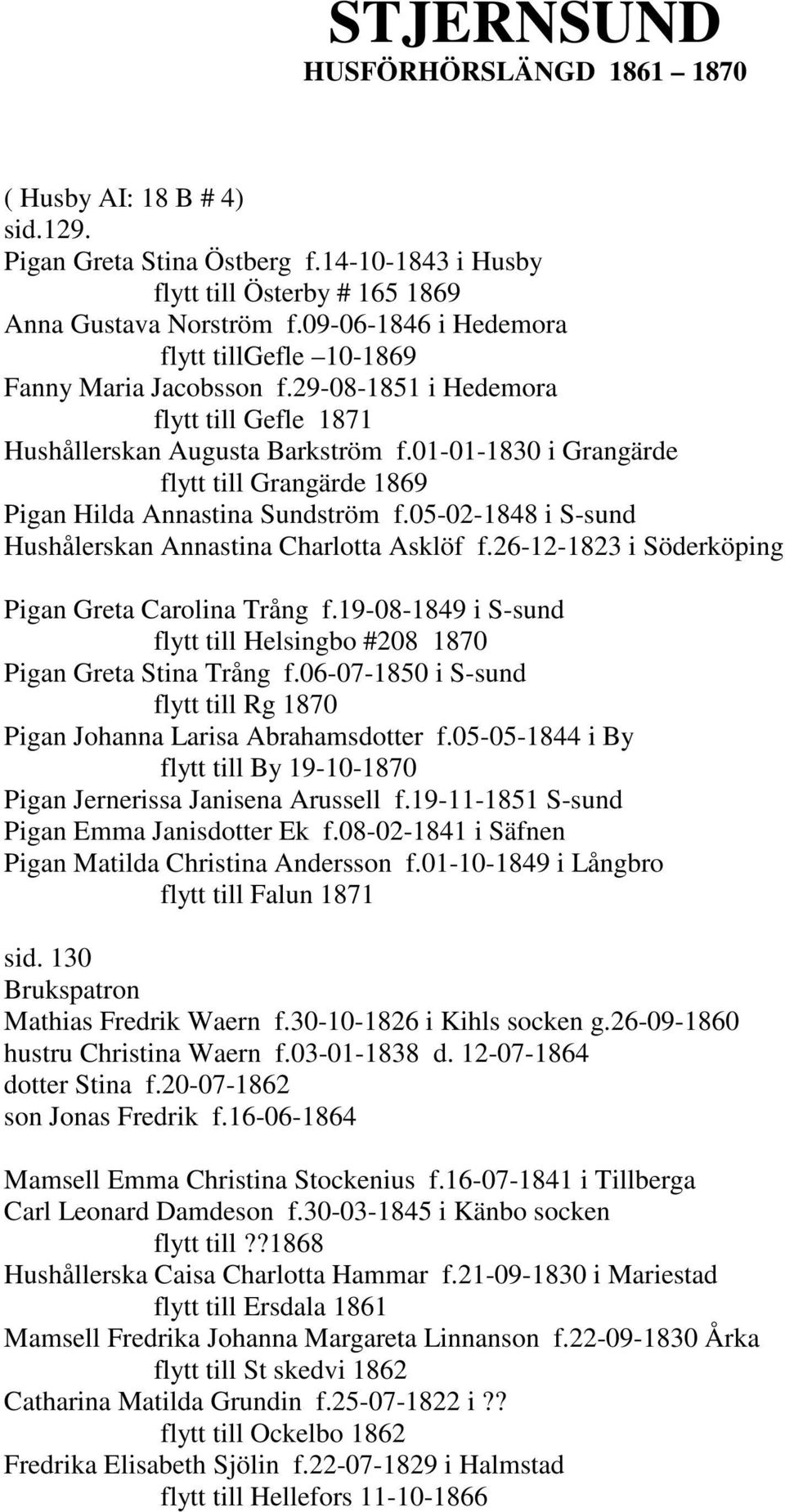 01-01-1830 i Grangärde flytt till Grangärde 1869 Pigan Hilda Annastina Sundström f.05-02-1848 i S-sund Hushålerskan Annastina Charlotta Asklöf f.26-12-1823 i Söderköping Pigan Greta Carolina Trång f.
