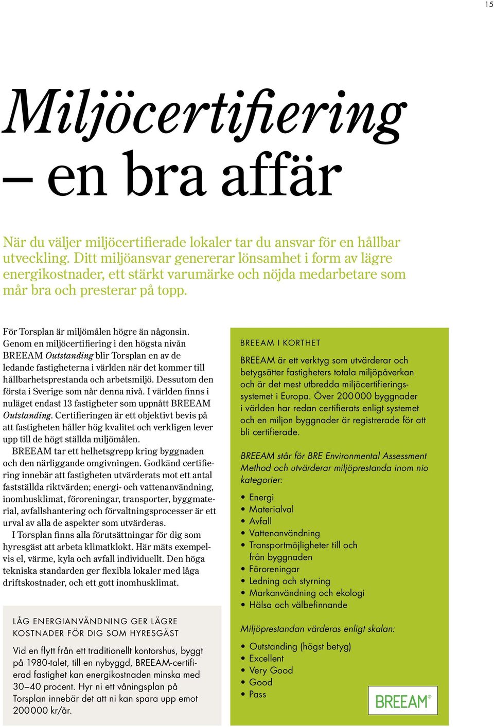 Genom en miljöcertifiering i den högsta nivån BREEAM Outstanding blir Torsplan en av de ledande fastig heterna i världen när det kommer till hållbarhets prestanda och arbetsmiljö.