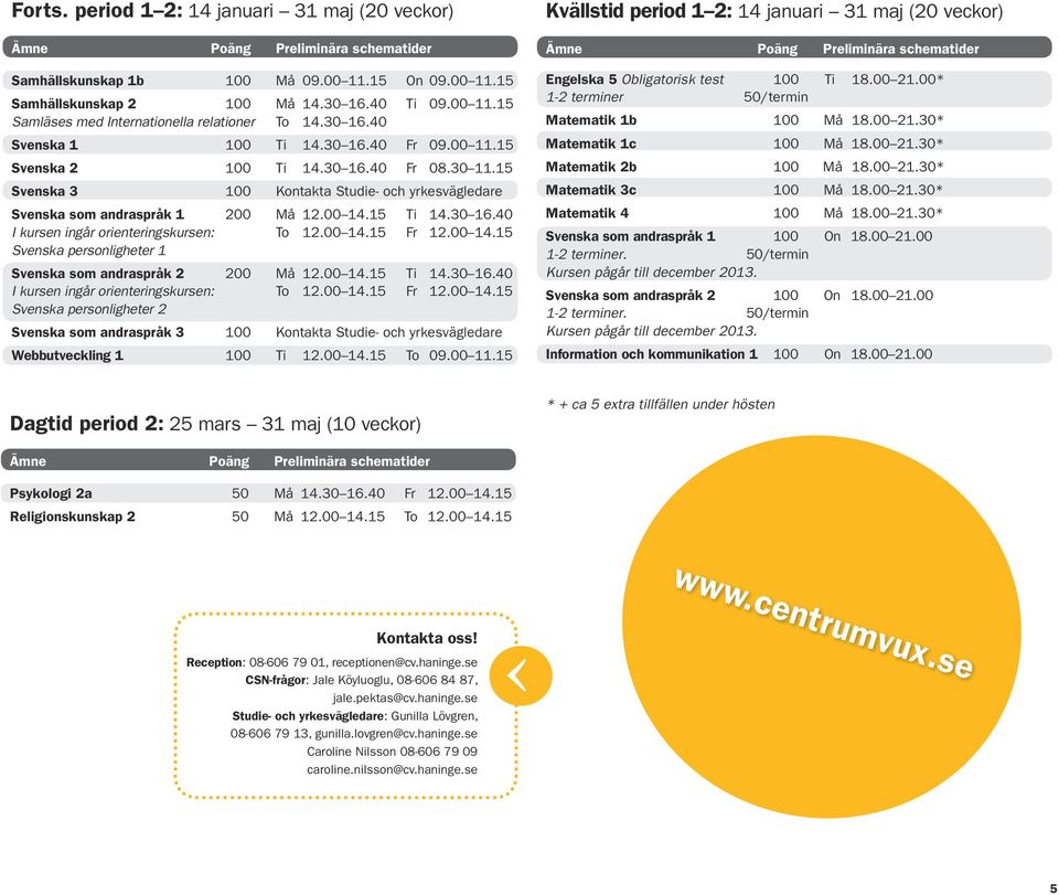 30 16.40 I kursen ingår orienteringskursen: To 12.00 14.15 Fr 12.00 14.15 Svenska personligheter 1 Svenska som andraspråk 2 200 Må 12.00 14.15 Ti 14.30 16.40 I kursen ingår orienteringskursen: To 12.00 14.15 Fr 12.00 14.15 Svenska personligheter 2 Svenska som andraspråk 3 100 Kontakta Studie- och yrkesvägledare Webbutveckling 1 100 Ti 12.