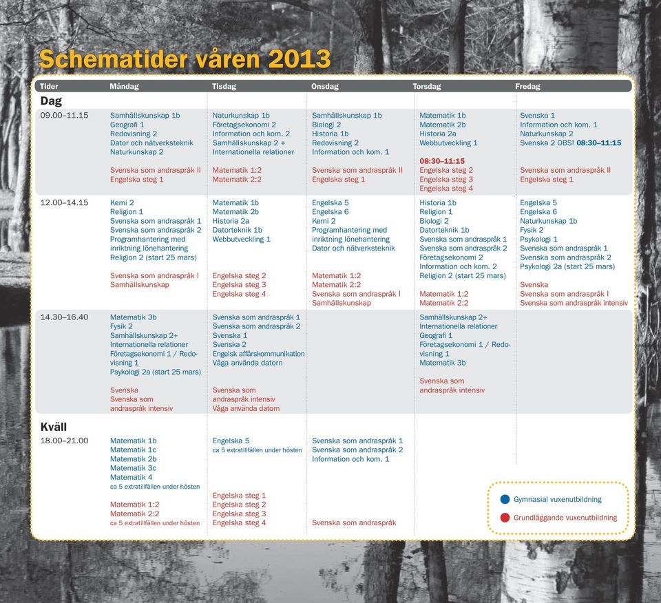 2 Historia 1b Historia 2a Naturkunskap 2 Dator och nätverksteknik Samhällskunskap 2 + Redovisning 2 Webbutveckling 1 Svenska 2 OBS!