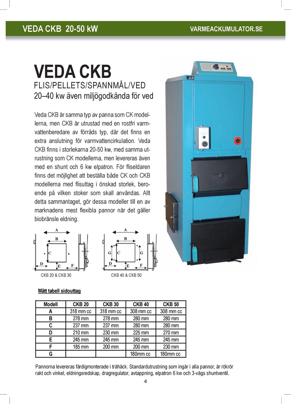 Veda CKB finns i storlekarna 20-50 kw, med samma utrustning som CK modellerna, men levereras även med en shunt och 6 kw elpatron.