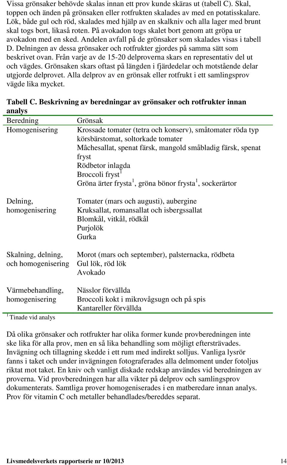 Andelen avfall på de grönsaker som skalades visas i tabell D. Delningen av dessa grönsaker och rotfrukter gjordes på samma sätt som beskrivet ovan.