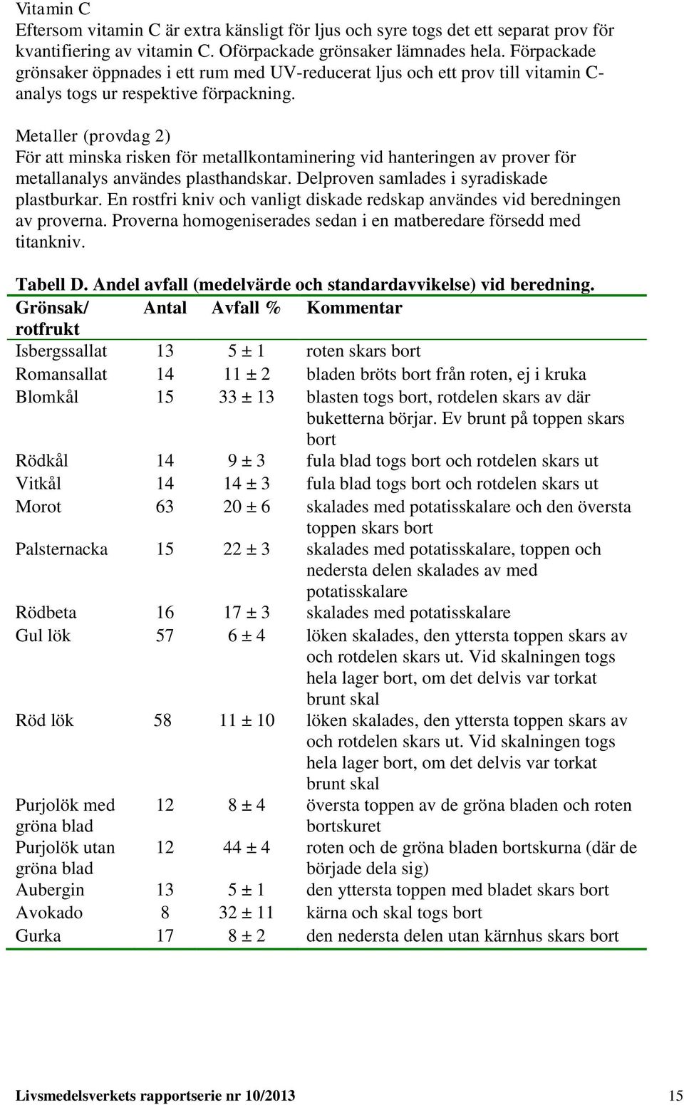 Metaller (provdag ) För att minska risken för metallkontaminering vid hanteringen av prover för metallanalys användes plasthandskar. Delproven samlades i syradiskade plastburkar.