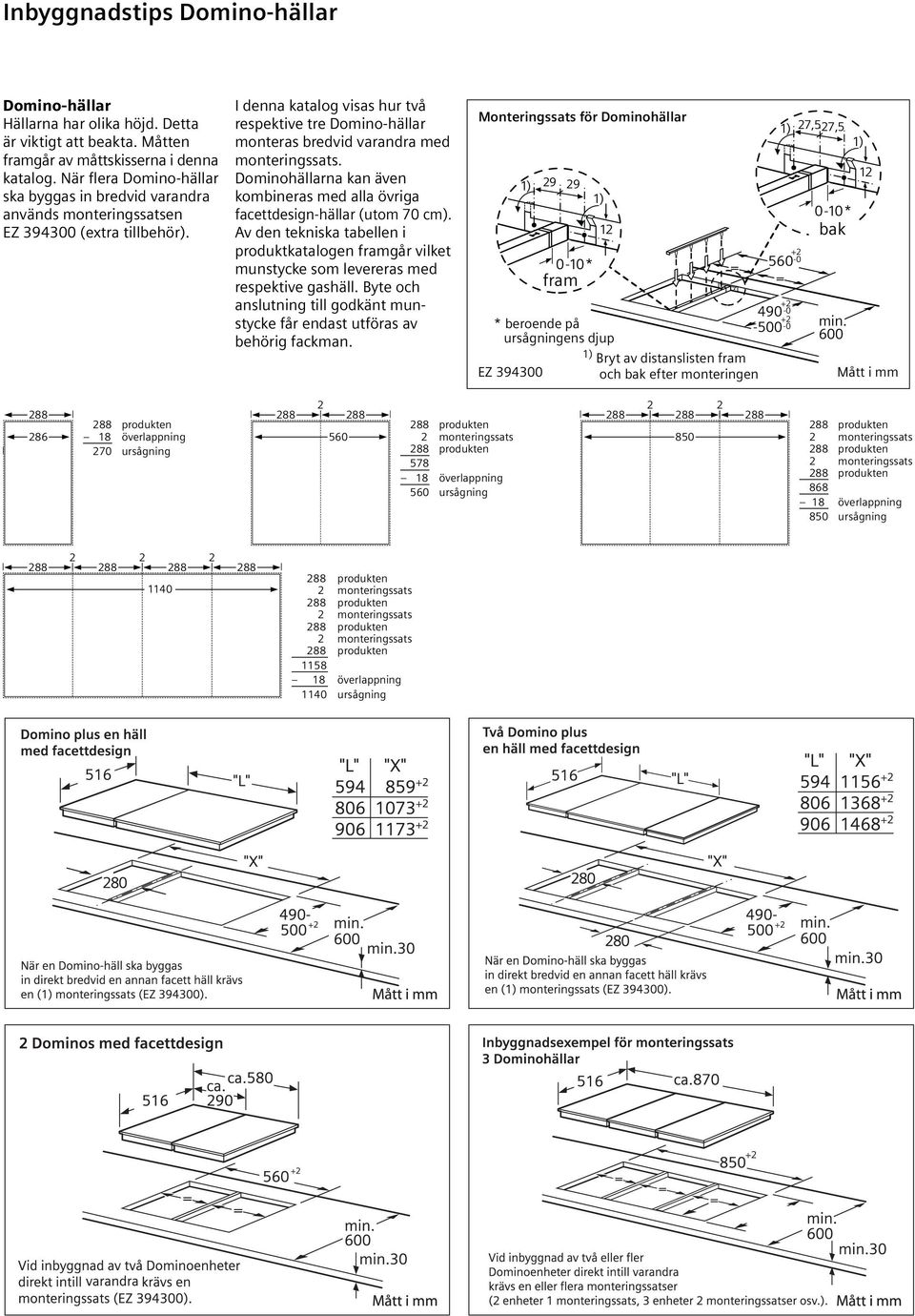 I denna katalog visas hur två respektive tre Domino-hällar monteras bredvid varandra med monteringssats. Dominohällarna kan även kombineras med alla övriga facettdesign-hällar (utom 70 cm).