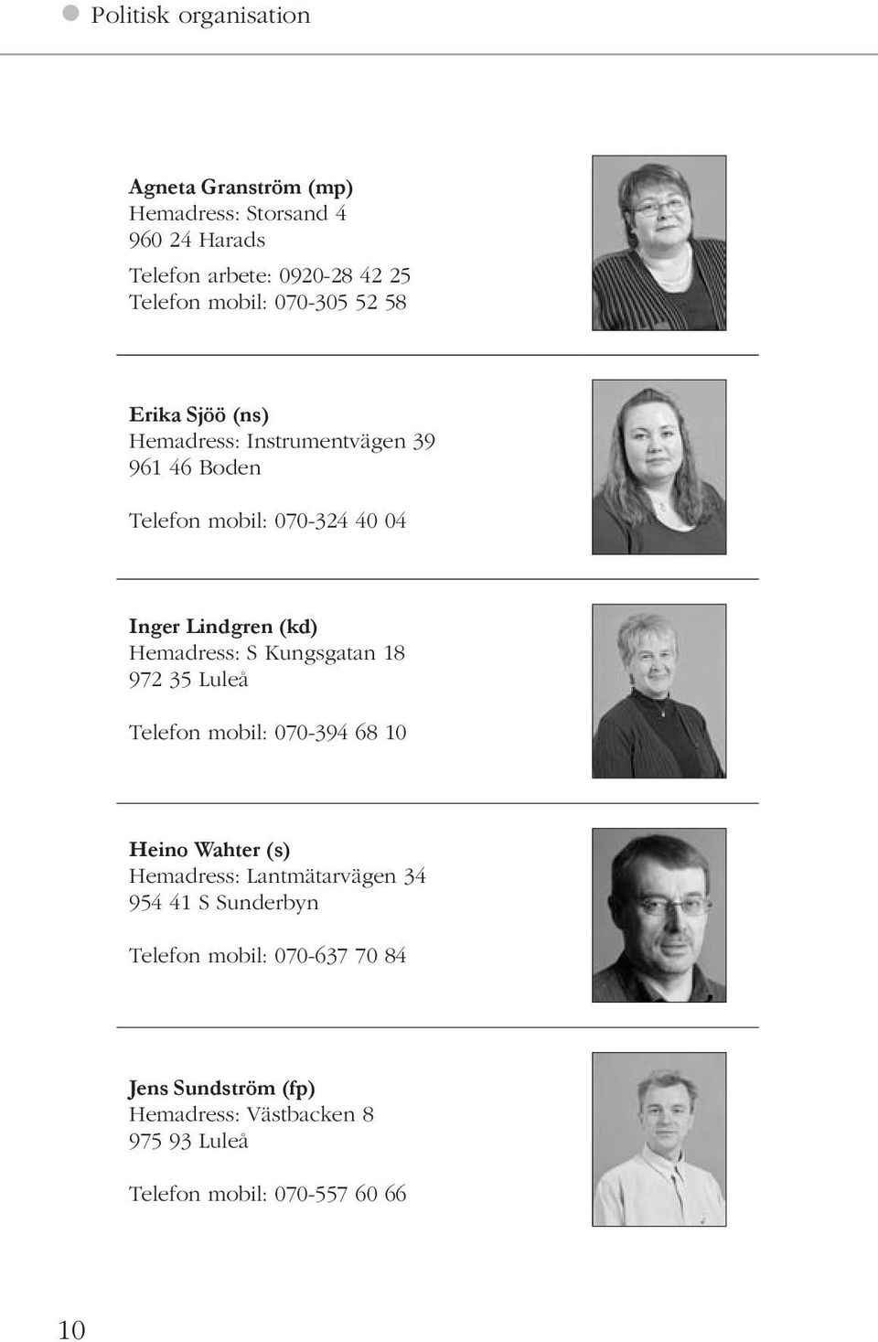 Hemadress: S Kungsgatan 18 972 35 Luleå Telefon mobil: 070-394 68 10 Heino Wahter (s) Hemadress: Lantmätarvägen 34 954 41 S