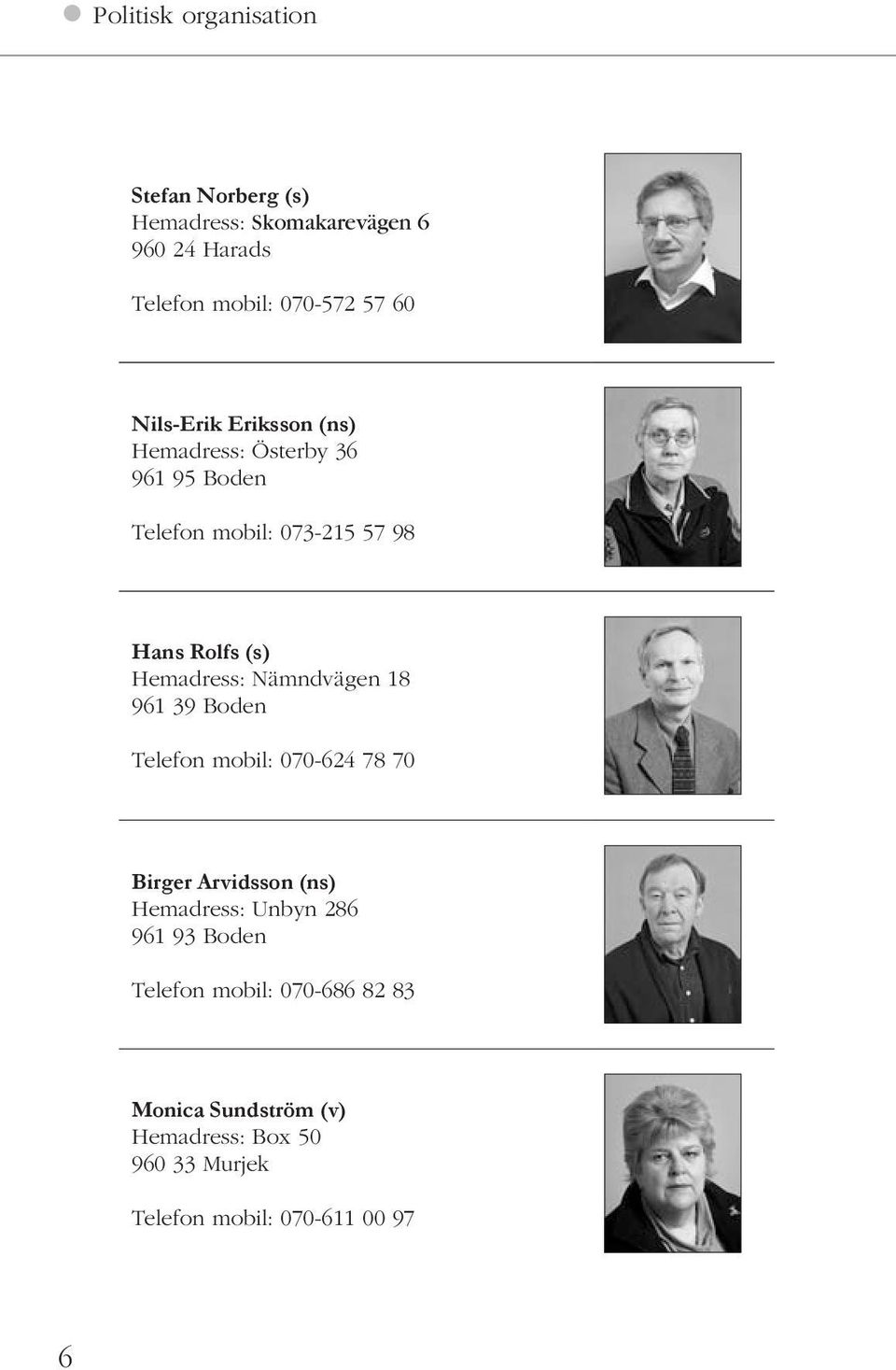 Hemadress: Nämndvägen 18 961 39 Boden Telefon mobil: 070-624 78 70 Birger Arvidsson (ns) Hemadress: Unbyn 286