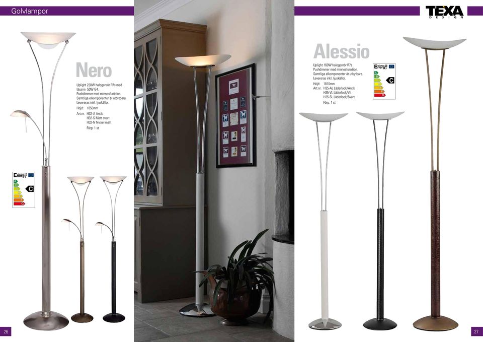 Höjd: 1850mm H32-A Antik H32-S Matt svart H32-N Nickel matt Uplight 160W halogenrör R7s Pushdimmer med